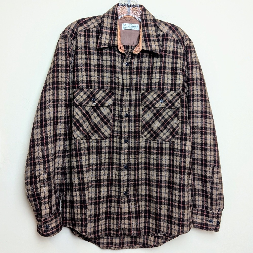 Vintage 80s Sears Roebuck Plaid Flannel Brown Tan Wool Grunge Acrylic Medium
